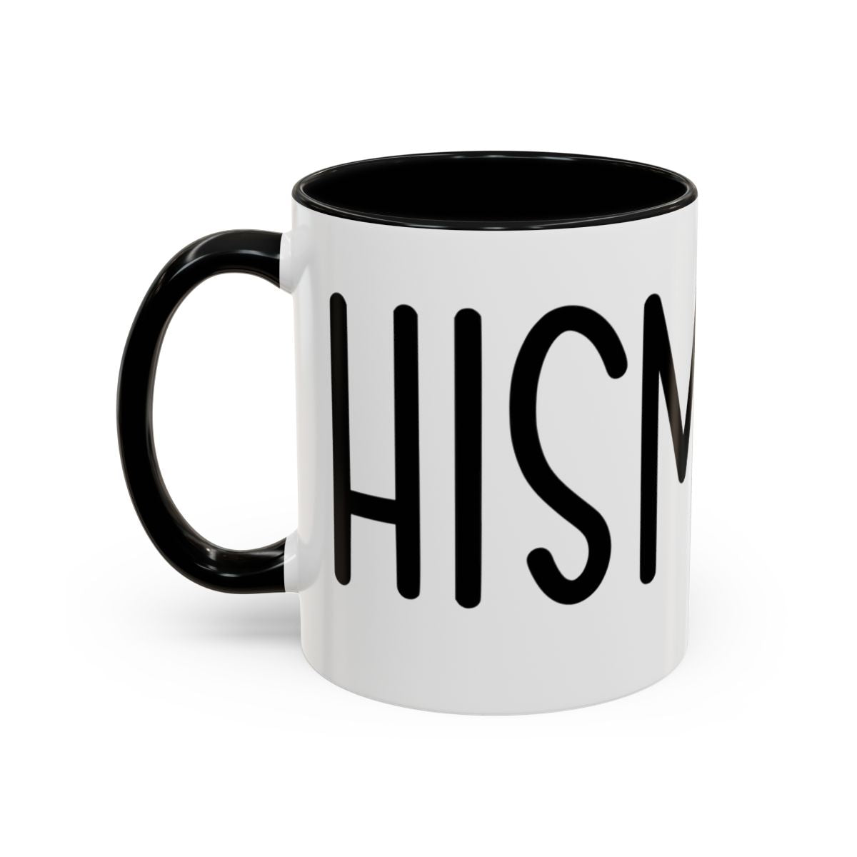 White accent coffee mug with black interior and handle featuring “Chisme” in black lettering on a white background.