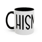 White accent coffee mug with black interior and handle featuring “Chisme” in black lettering on a white background.