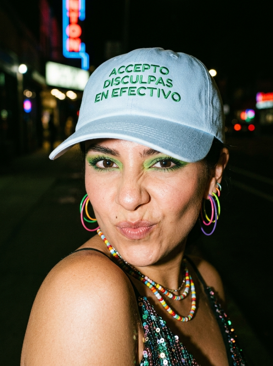 Woman wearing a light blue embroidered dad cap reading “Accepto disculpas en efectivo” at night.