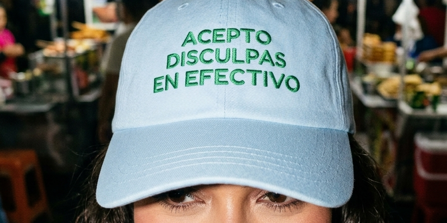 Woman wearing a light blue embroidered dad cap reading “Acepto disculpas en efectivo” at night.