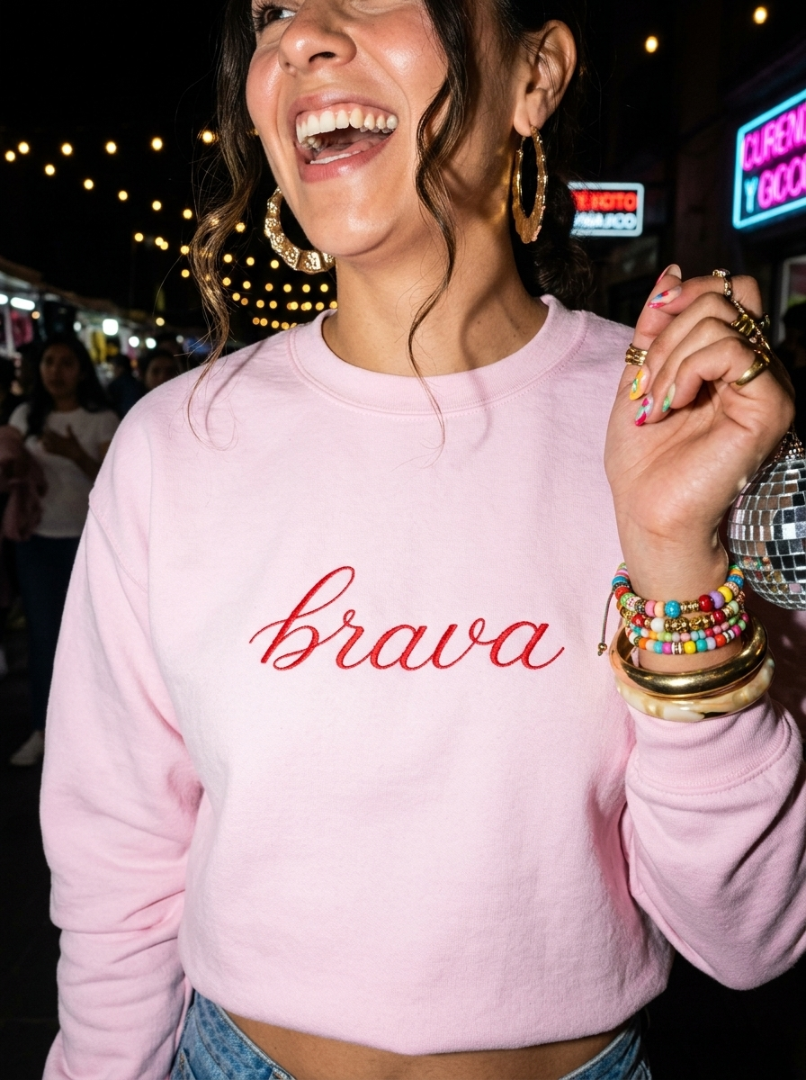 Lifestyle editorial photo — Brava Embroidered Sweatshirt, Light Pink