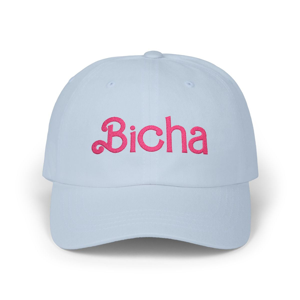 Light blue dad cap with pink “Bicha” embroidery on a white background.