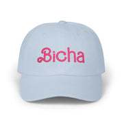 Light blue dad cap with pink “Bicha” embroidery on a white background.