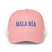 Pink dad cap with navy “Mala Mía” embroidery on a white background.