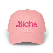 Pink dad cap with darker pink “Bicha” embroidery on a white background.