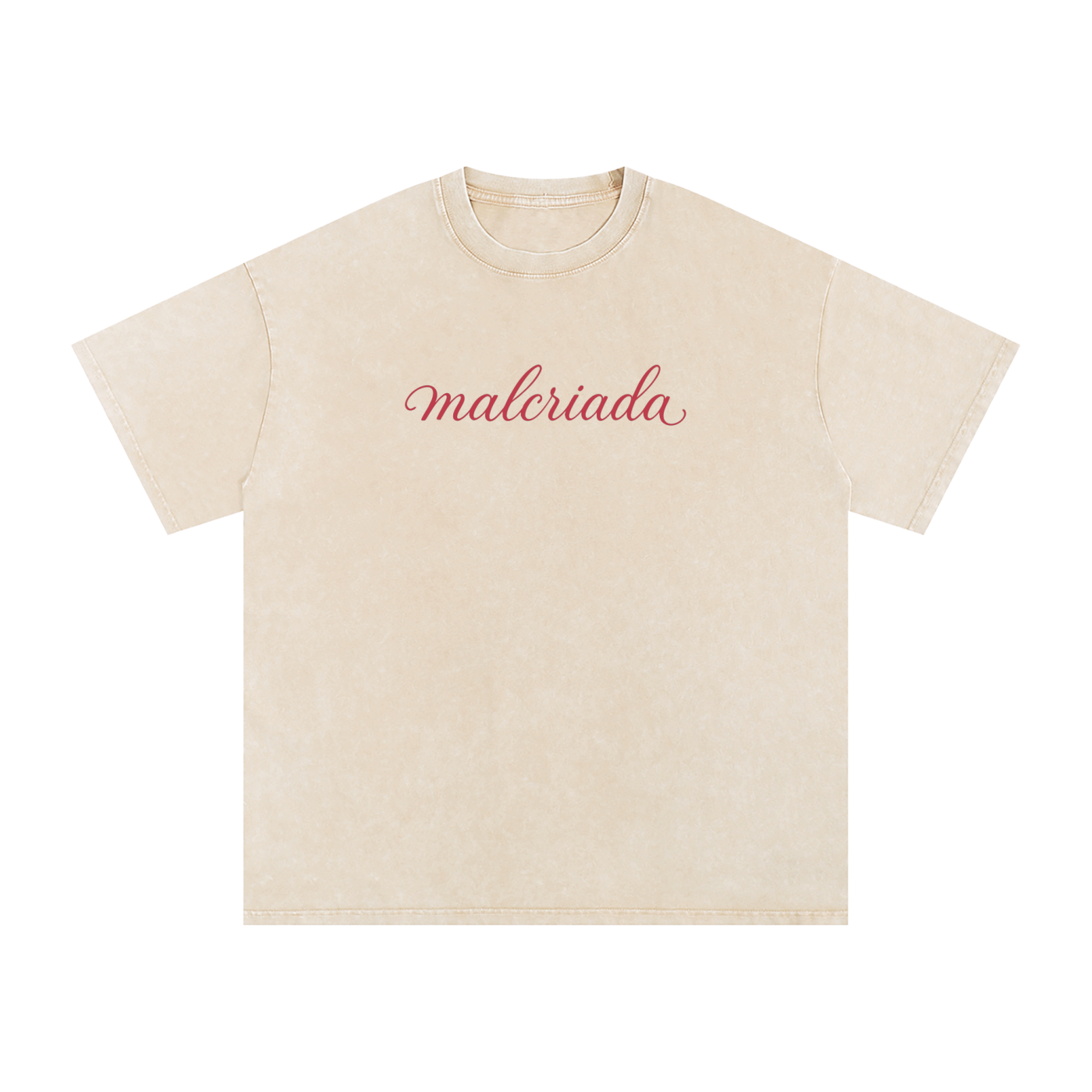 Apricot vintage-washed oversized T-shirt with red “malcriada” script text.