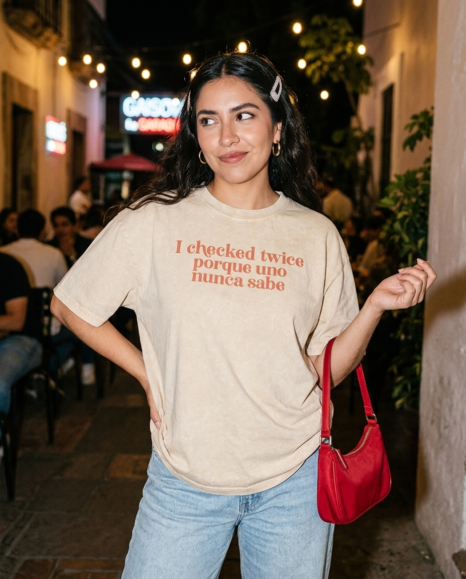 Lifestyle editorial photo — I Checked Twice Porque Uno Nunca Sabe Acid Washed Oversized T-Shirt, Apricot