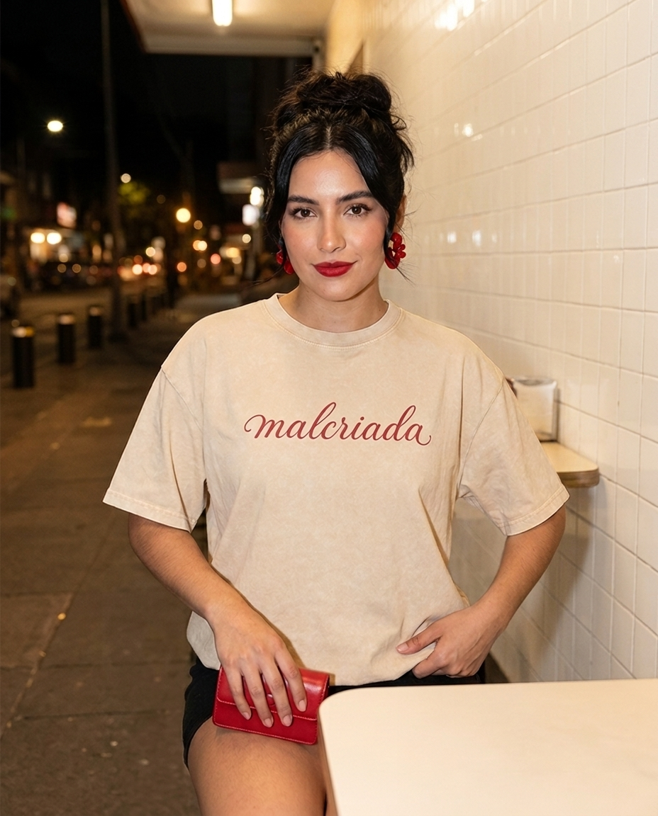 Lifestyle editorial photo — Malcriada Vintage Washed Oversized T-Shirt, Apricot