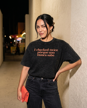 Lifestyle editorial photo — I Checked Twice Porque Uno Nunca Sabe Acid Washed Oversized T-Shirt, Black