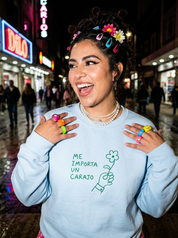 Lifestyle editorial photo — Me Importa Un Carajo Embroidered Sweatshirt, Light Blue