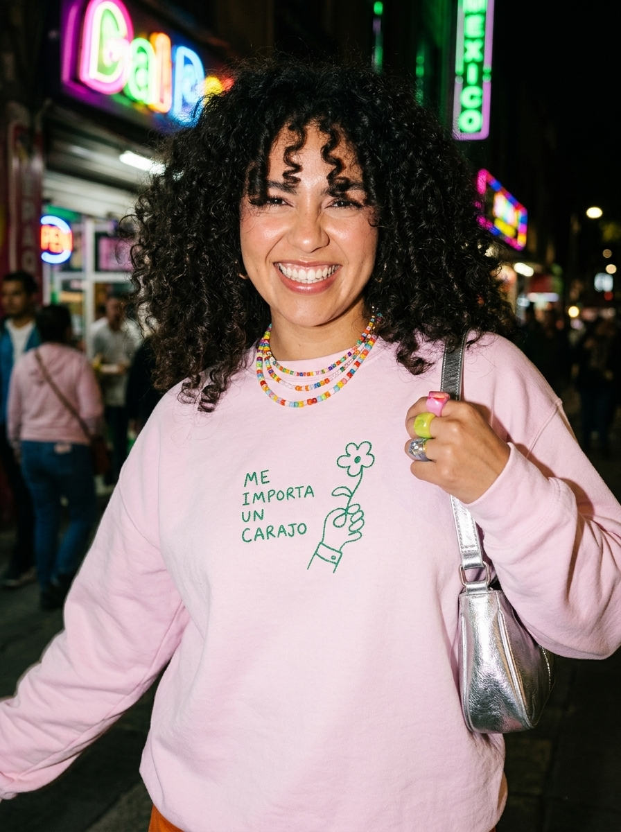 Lifestyle editorial photo — Me Importa Un Carajo Embroidered Sweatshirt, Light Pink