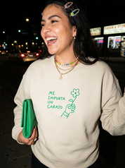 Lifestyle editorial photo — Me Importa Un Carajo Embroidered Sweatshirt, Sand