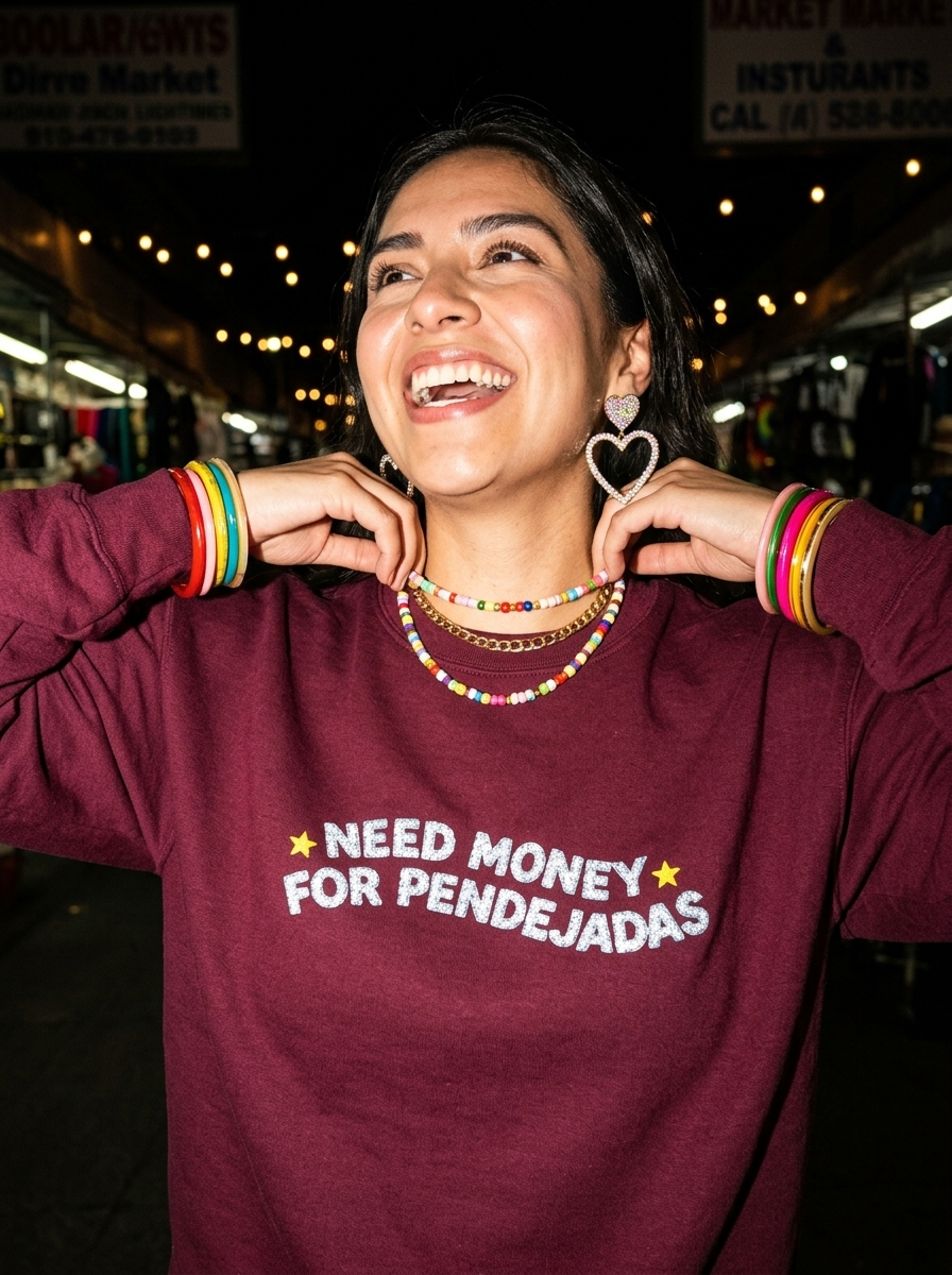 Lifestyle editorial photo — Need Money For Pendejadas Embroidered Sweatshirt, Maroon