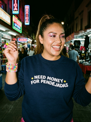 Lifestyle editorial photo — Need Money For Pendejadas Embroidered Sweatshirt, Navy