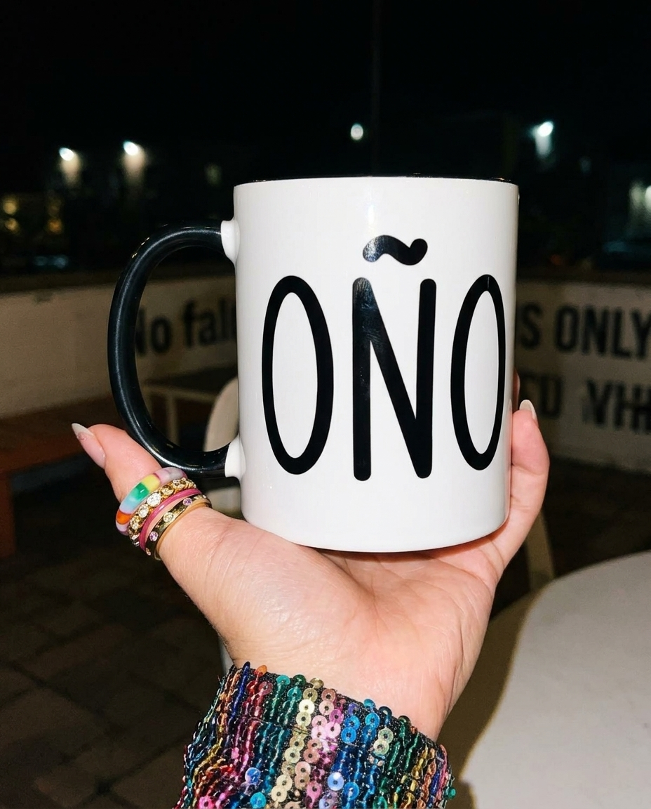 Close-up of a hand holding a white and black “Coño” mug during a nighttime outing.
