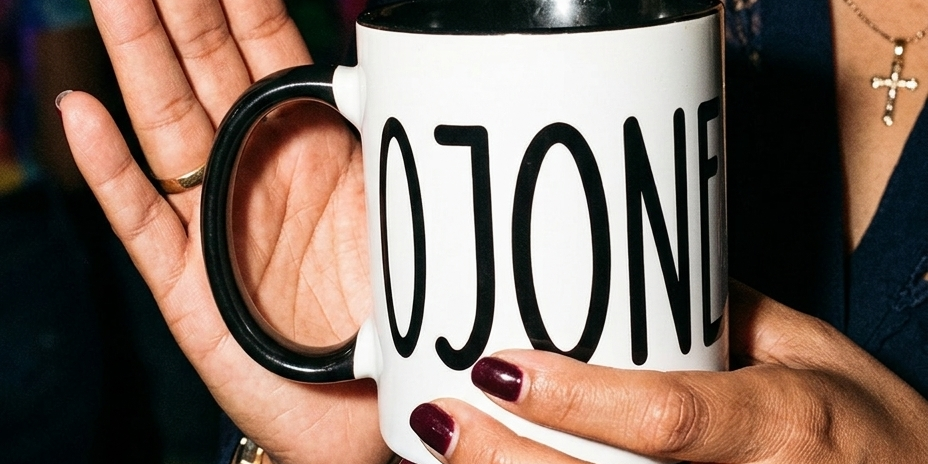 Woman holding a white mug with black interior and handle featuring “Cojones” in tall black lettering at night.
