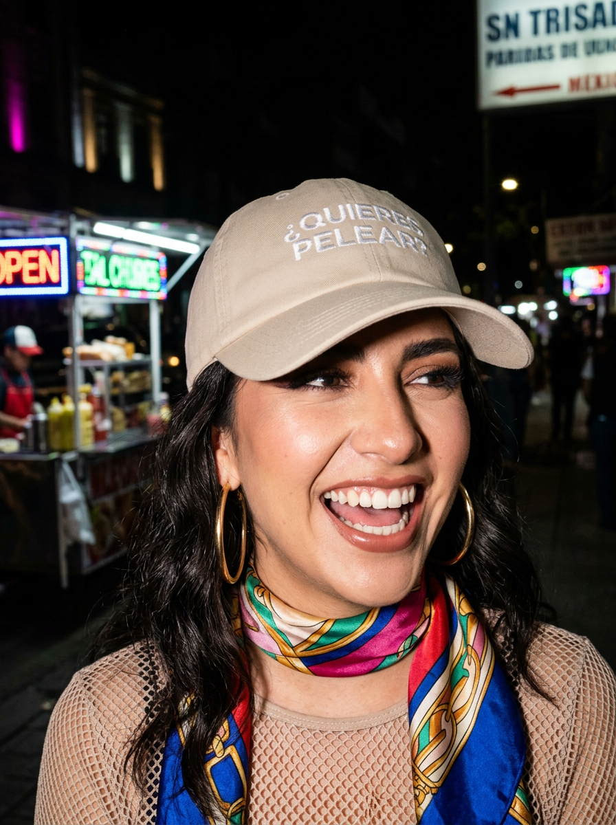 Woman wearing a beige embroidered dad cap reading “¿Quieres pelear?” during a nighttime outing.
