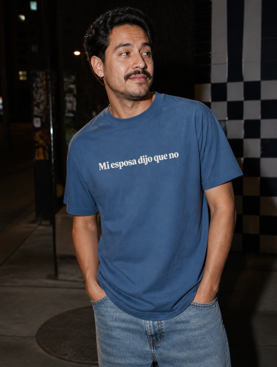 Lifestyle editorial photo — Mi Esposa Dijo Que No T-Shirt, Faded Navy