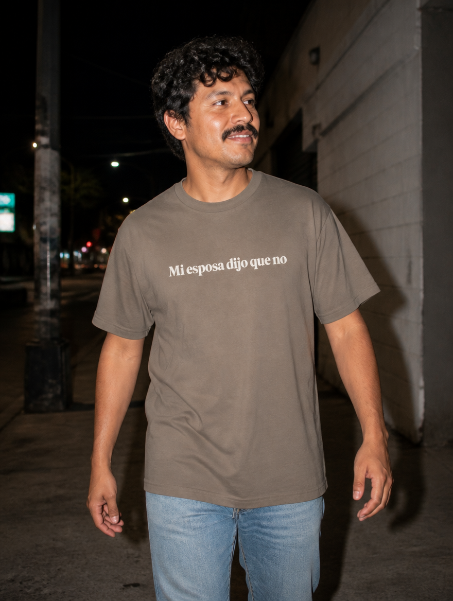 Lifestyle editorial photo — Mi Esposa Dijo Que No T-Shirt, Faded Black