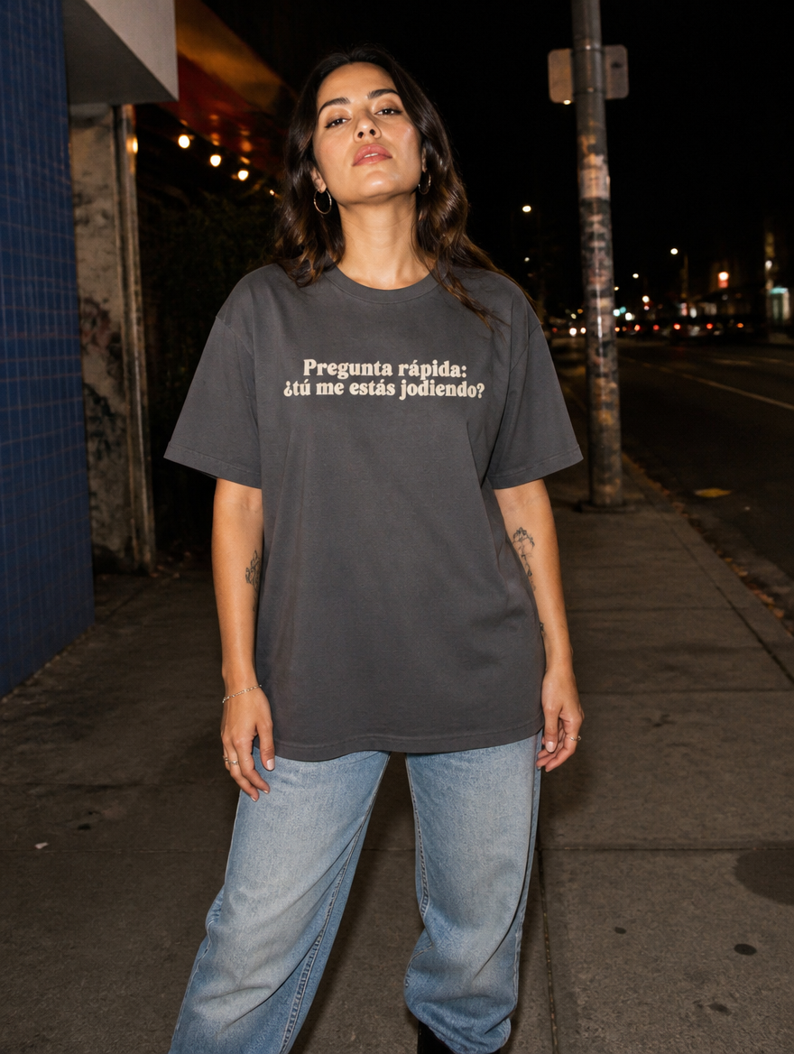 Lifestyle editorial photo — Pregunta Rápida: ¿Tú Me Estás Jodiendo? T-Shirt, Faded Navy