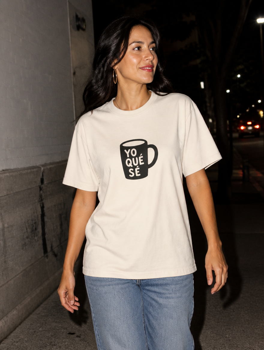 Lifestyle editorial photo — Yo Qué Sé T-Shirt, Faded Cream