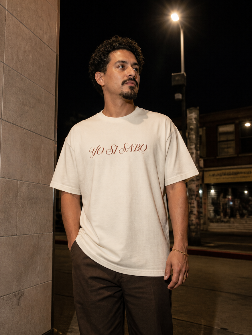 Lifestyle editorial photo — Yo Sí Sabo T-Shirt, Faded Cream