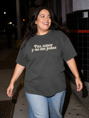 Lifestyle editorial photo — Paz, Amor y No Me Jodas T-Shirt, Faded Black