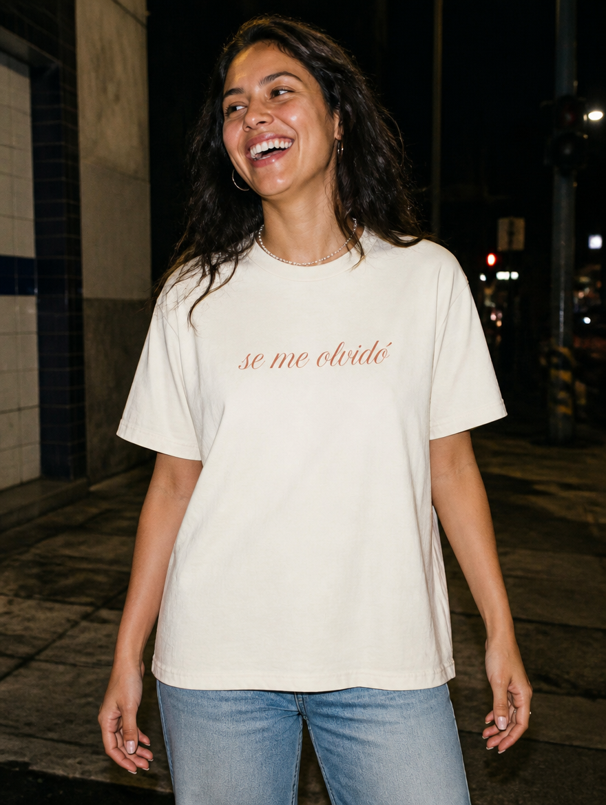 Lifestyle editorial photo — Se Me Olvidó T-Shirt, Faded Cream