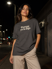 Lifestyle editorial photo — Porque Yo lo Digo T-Shirt, Faded Brown