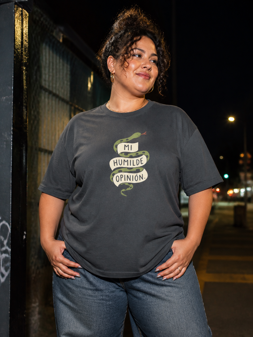 Lifestyle editorial photo — Mi Humilde Opinión T-Shirt, Faded Black