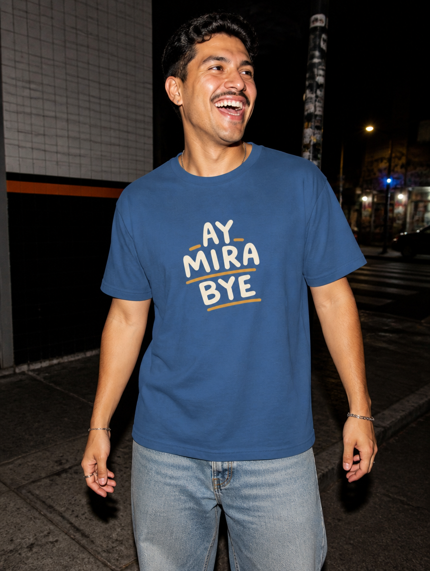 Lifestyle editorial photo — Ay Mira, Bye T-Shirt, Faded Navy