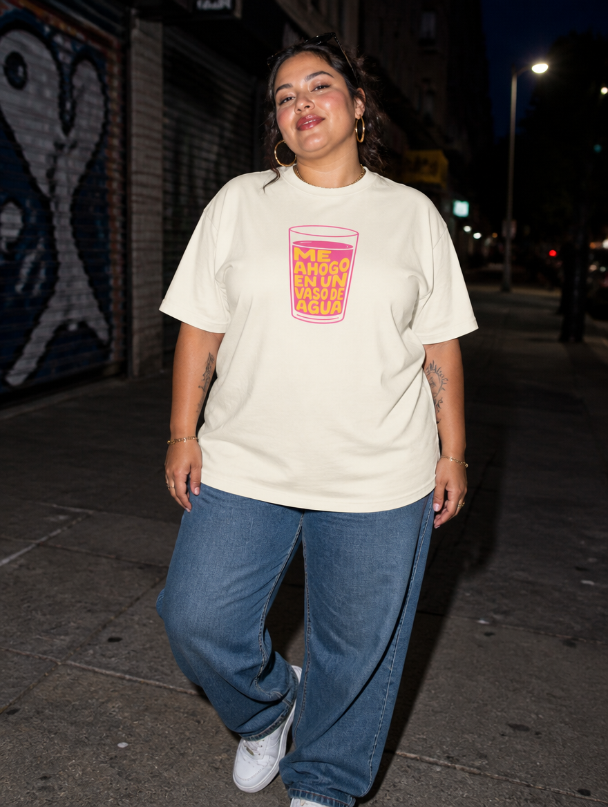 Lifestyle editorial photo — Me Ahogo en un Vaso de Agua T-Shirt, Faded Cream