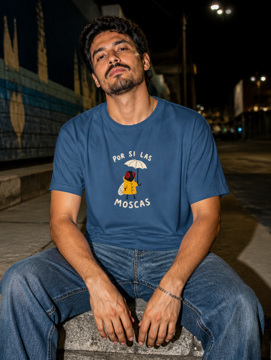 Lifestyle editorial photo — Por Si las Moscas T-Shirt, Faded Navy