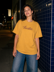 Lifestyle editorial photo — Hostia T-Shirt, Faded Mustard
