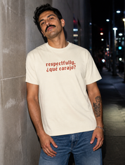 Lifestyle editorial photo — Respectfully, Qué Carajo T-Shirt, Faded Cream