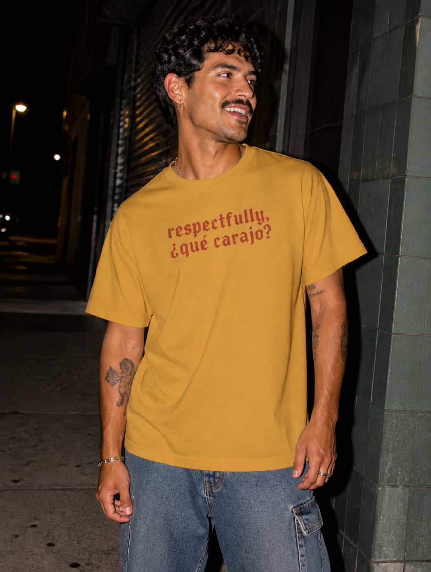 Lifestyle editorial photo — Respectfully, Qué Carajo T-Shirt, Faded Mustard