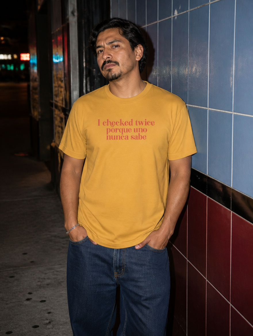 Lifestyle editorial photo — I Checked Twice Porque Uno Nunca Sabe T-Shirt, Faded Mustard