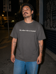 Lifestyle editorial photo — My Other Ride Es Tu Papá T-Shirt, Faded Brown