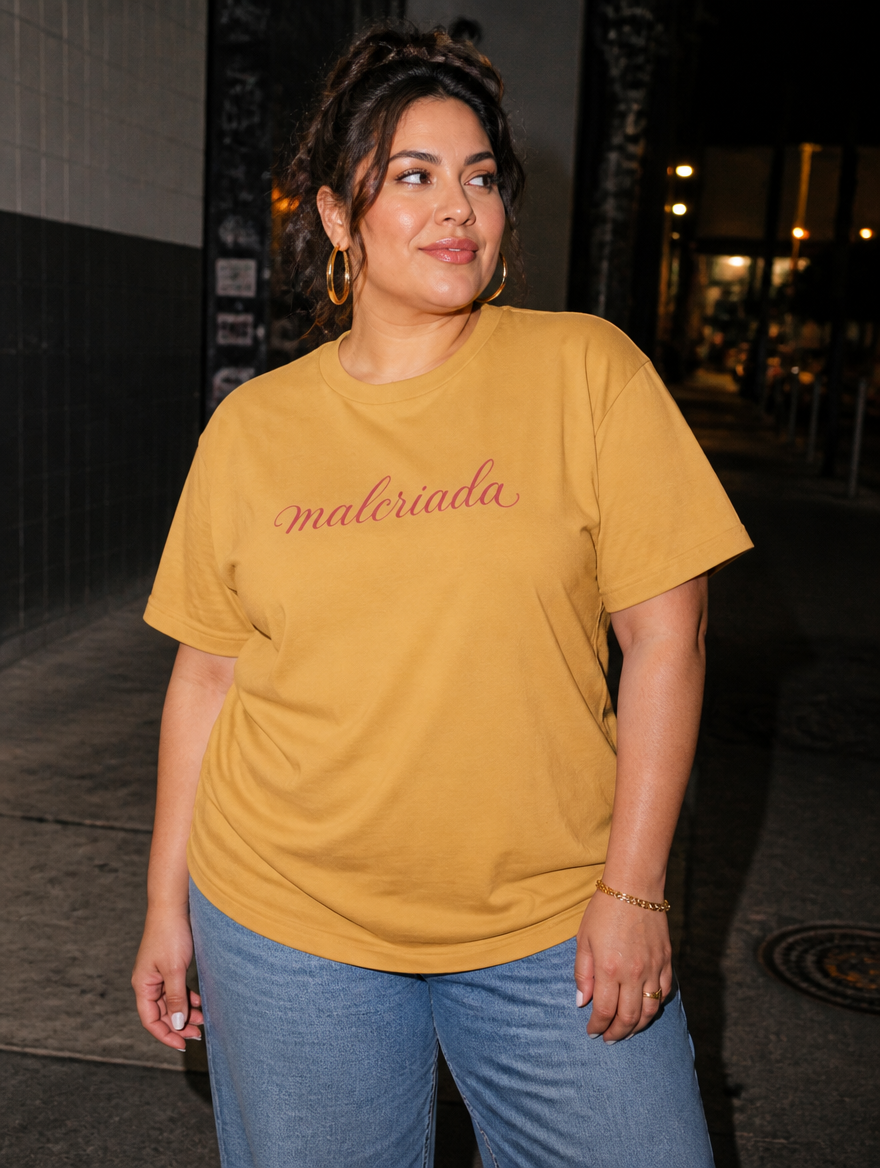 Lifestyle editorial photo — Malcriada T-Shirt, Faded Mustard