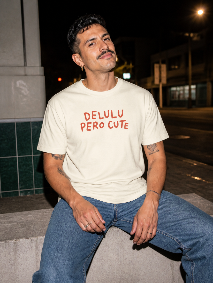 Lifestyle editorial photo — Delulu Pero Cute T-Shirt, Faded Cream