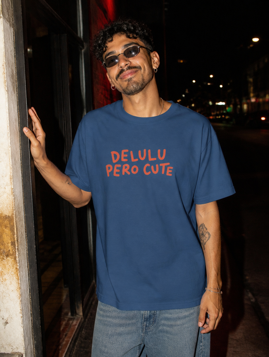 Lifestyle editorial photo — Delulu Pero Cute T-Shirt, Faded Navy