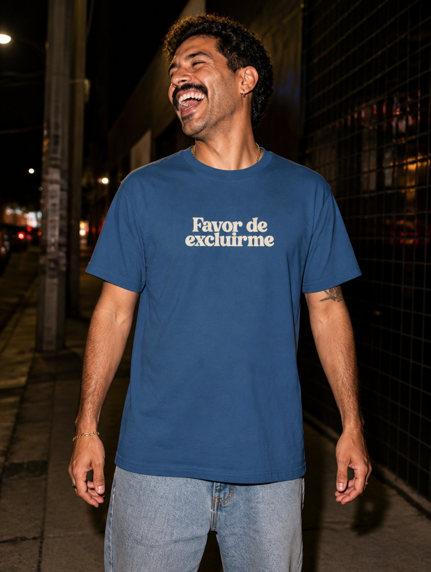 Lifestyle editorial photo — Favor de Excluirme T-Shirt, Faded Navy