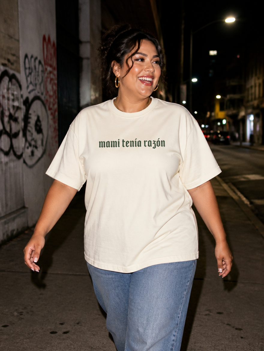 Lifestyle editorial photo — Mami Tenía Razón T-Shirt, Faded Cream