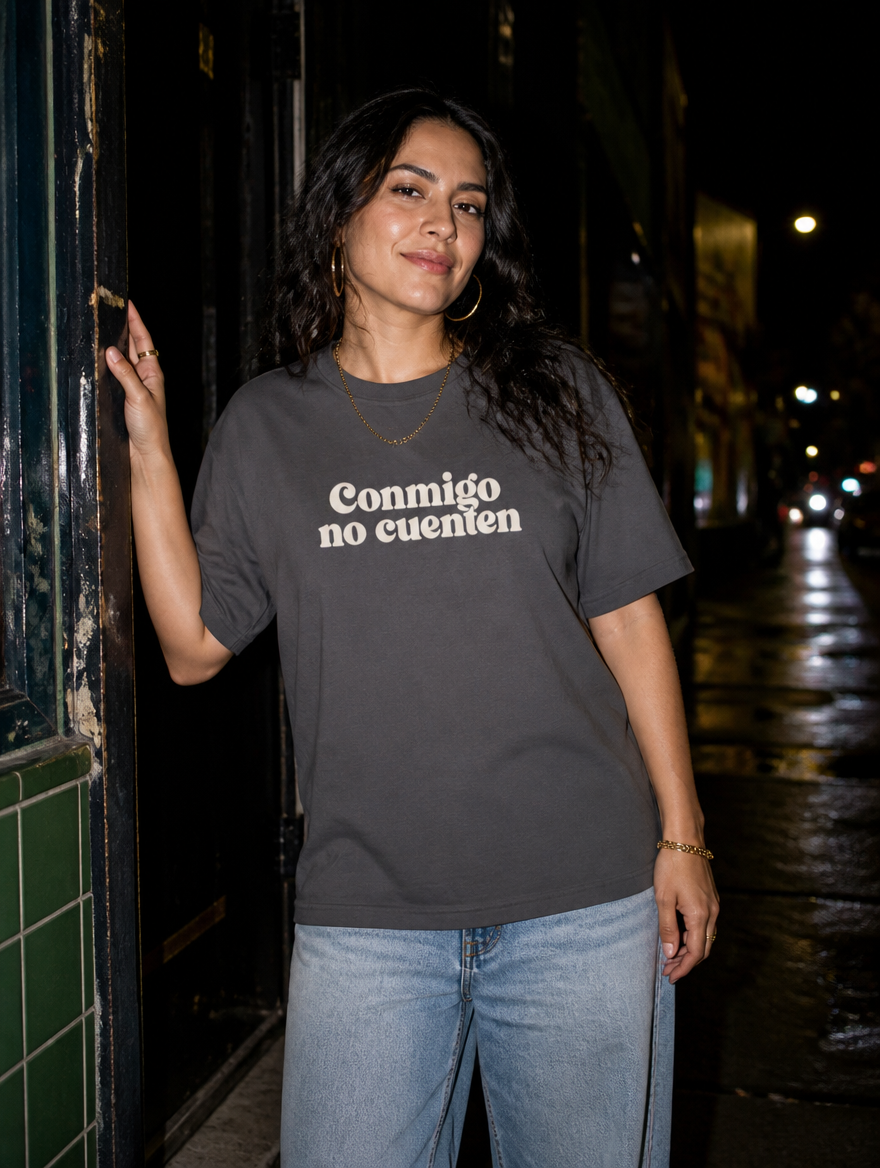 Lifestyle editorial photo — Conmigo No Cuenten T-Shirt, Faded Black