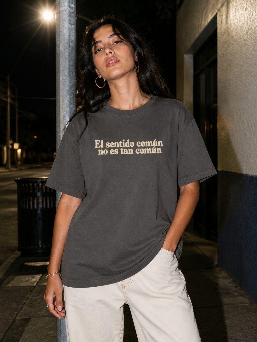 Lifestyle editorial photo — El Sentido Común No Es Tan Común T-Shirt, Faded Brown