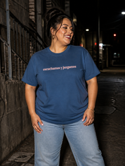 Lifestyle editorial photo — Escuchamos y Juzgamos T-Shirt, Faded Black