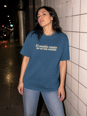 Lifestyle editorial photo — El Sentido Común No Es Tan Común T-Shirt, Faded Navy