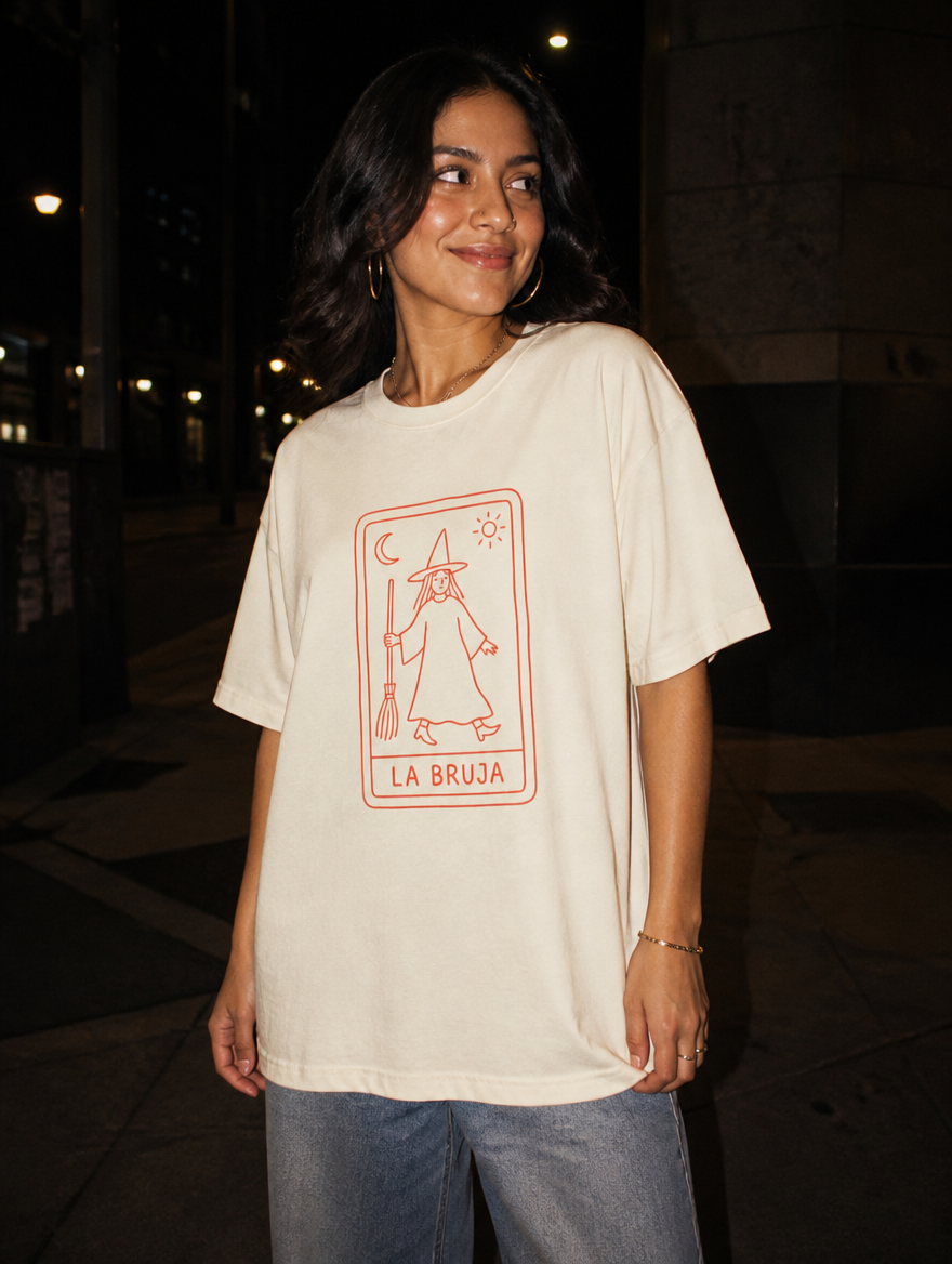 Lifestyle editorial photo — La Bruja T-Shirt, Faded Cream