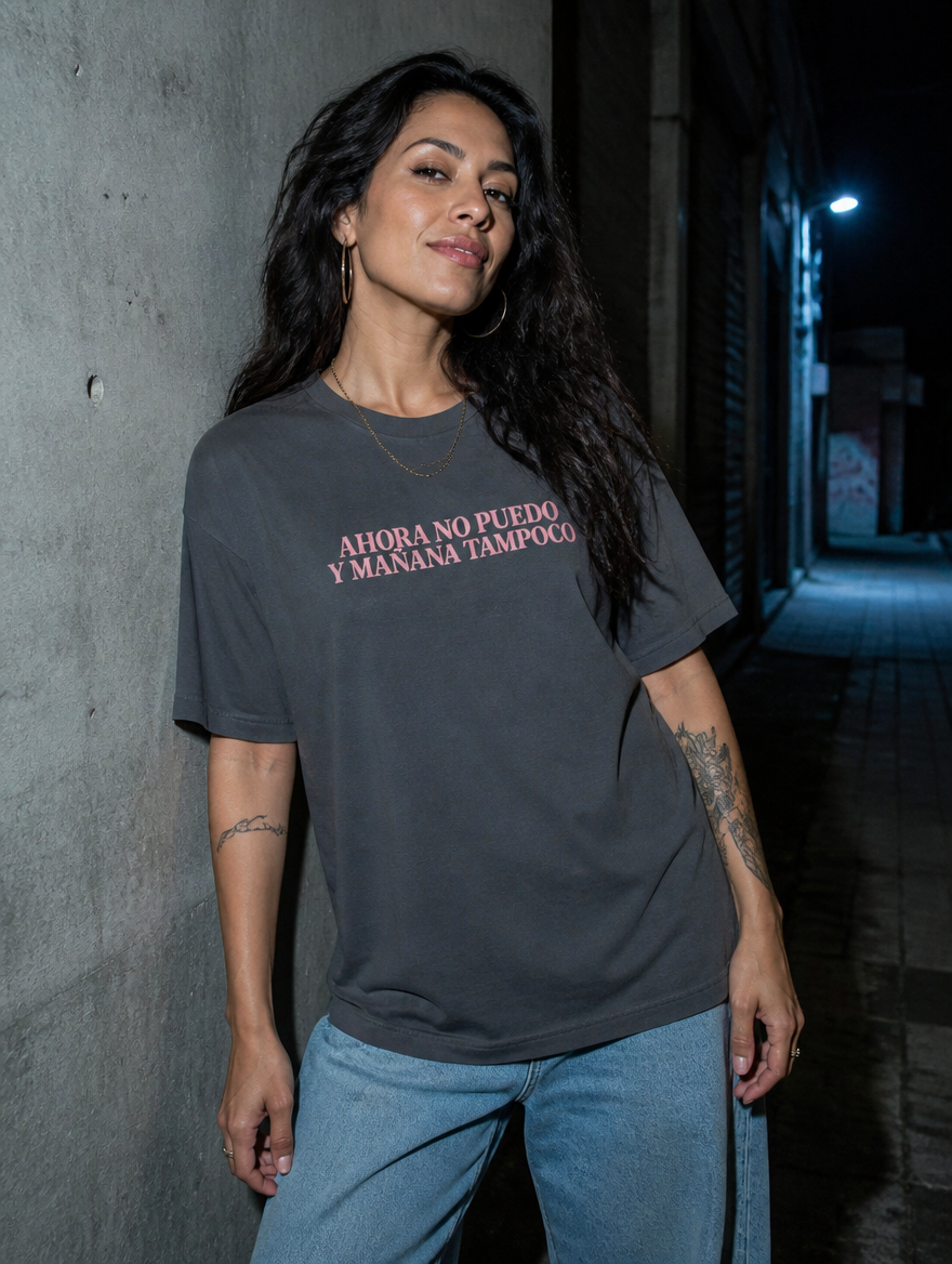 Lifestyle editorial photo — Ahora No Puedo y Mañana Tampoco T-Shirt, Faded Navy
