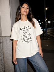 Lifestyle editorial photo — Buenos Días, los Odio a Todos T-Shirt, Faded Cream
